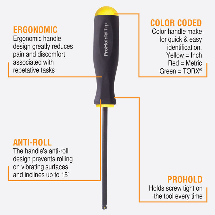 Screwdriver with ergonomic handle, color-coded tip, anti-roll design, and ProHold feature on a white background.