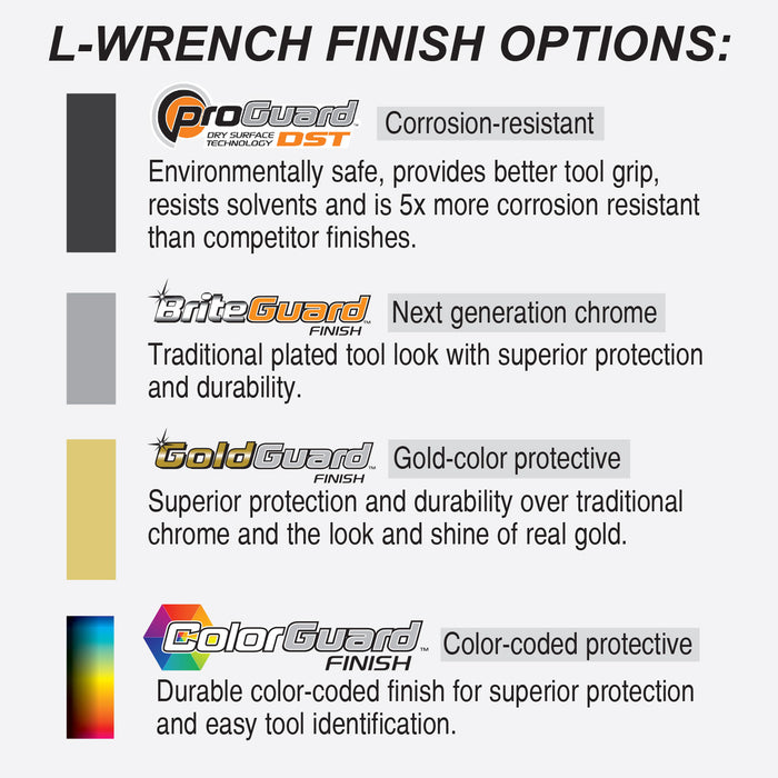 L-wrench finish options with ProGuard, BriteGuard, GoldGuard, and ColorGuard finishes on a white background.