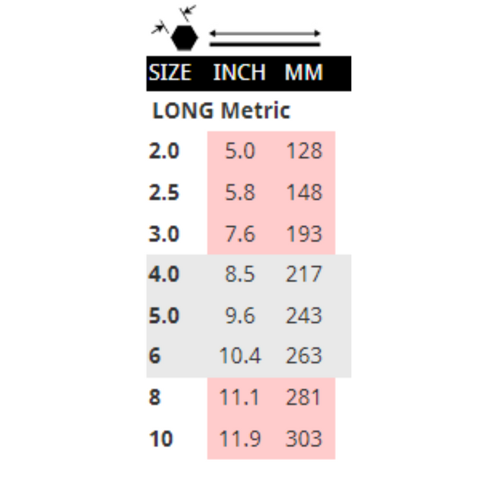 chart showing the sizes of Long Ball Metric Blades