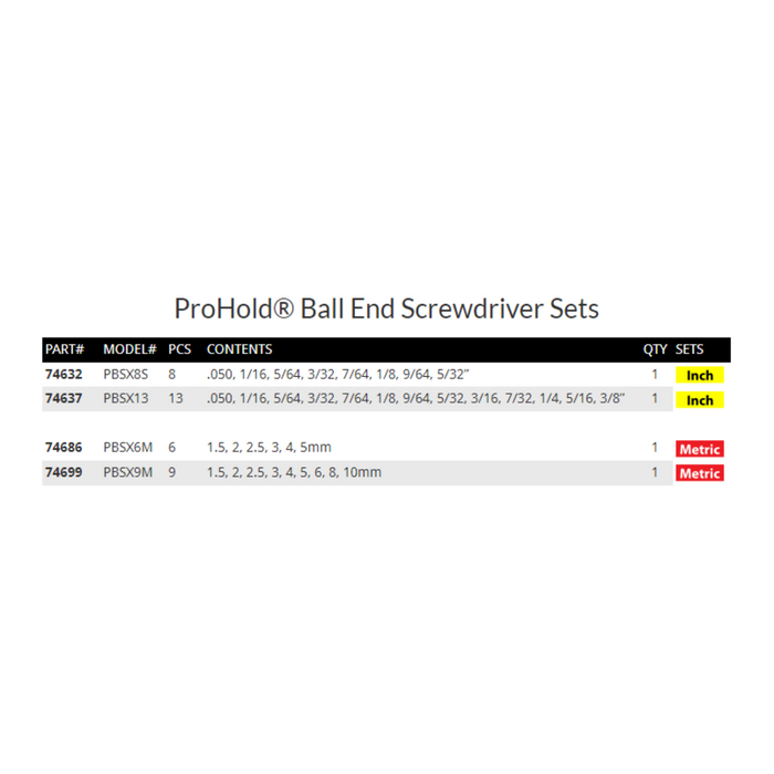 BONDHUS ProHold BallEnd Screwdrivers Metric