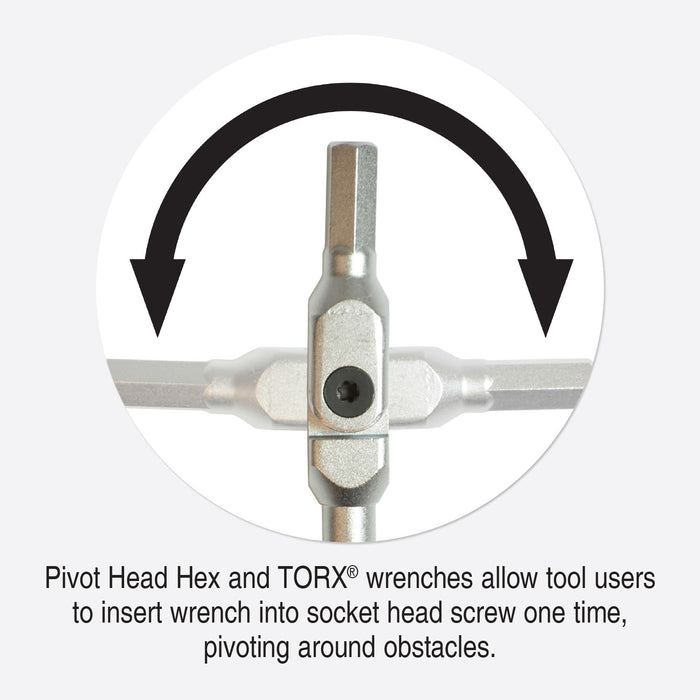 Pivot head hex and TORX wrenches with text explaining their functionality on a white background.