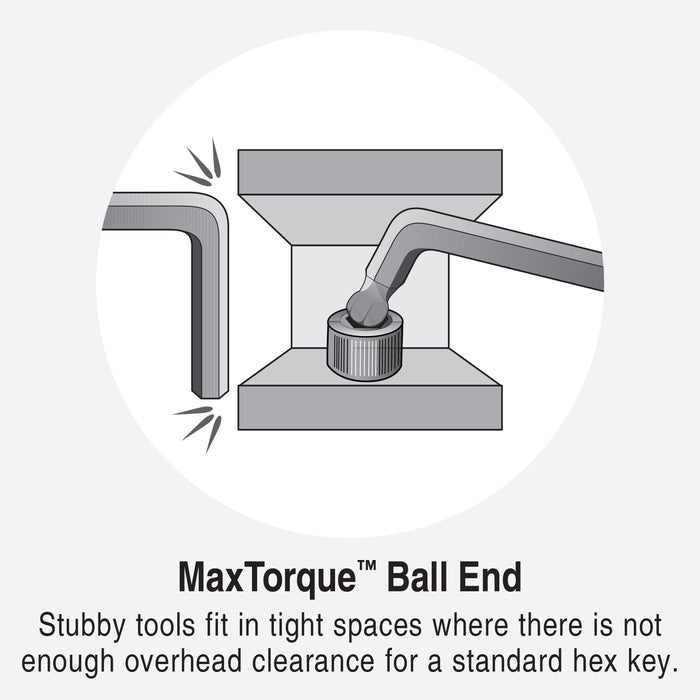 Diagram of a MaxTorque Ball End tool fitting into a tight space with text explaining its use.