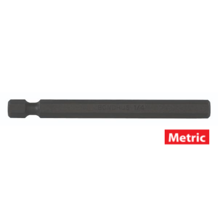 A black hex end power bit with a chamfered tool tip