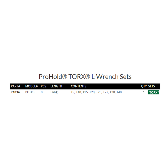 chart showing the contents of a ProHold TORX L-Wrench set